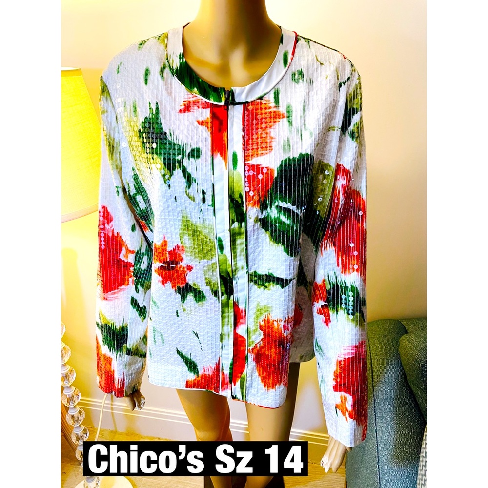 Chico’s Sequined Floral Zip Up Jacket Sz 14 NEW
